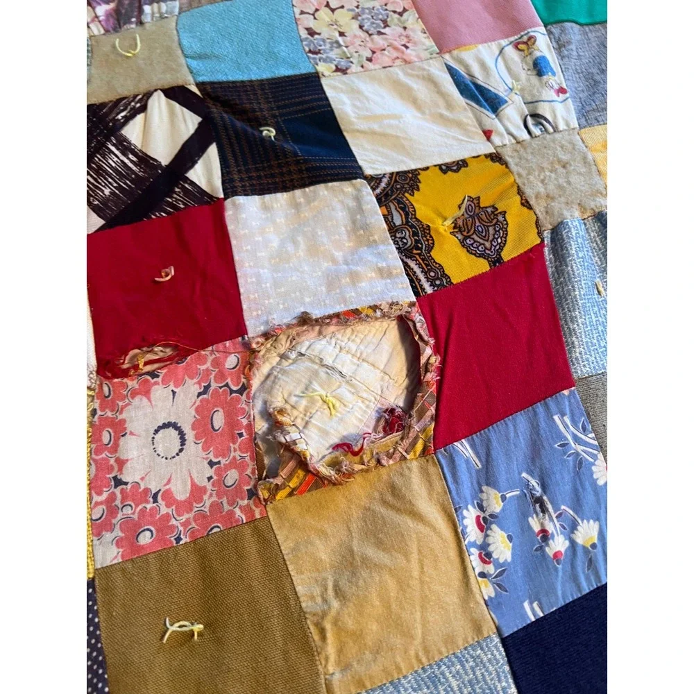 Vintage Handmade Patchwork Tied Scrap Quilt Multi‎ Color Rustic Primitive 67